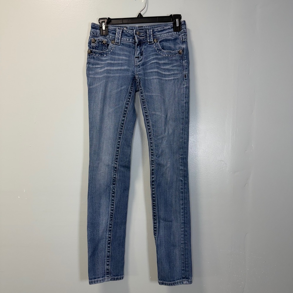 Miss Me Skinny Jeans JP5145S Fleur De Lis Embellished Blue Denim Size 26‎